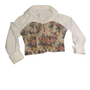 Vintage Inspired Floral Bustier Blouse with White Long Sleeves figure enhancing